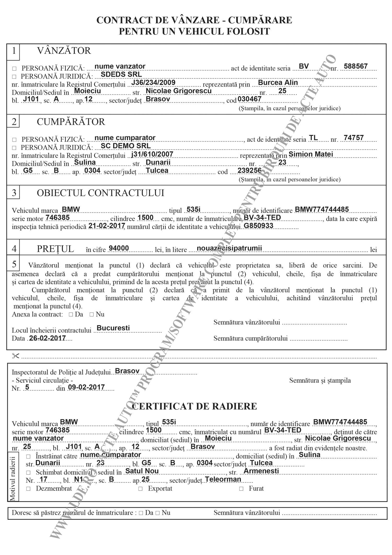 Contract de Vanzare-Cumparare cu certificat de radiere